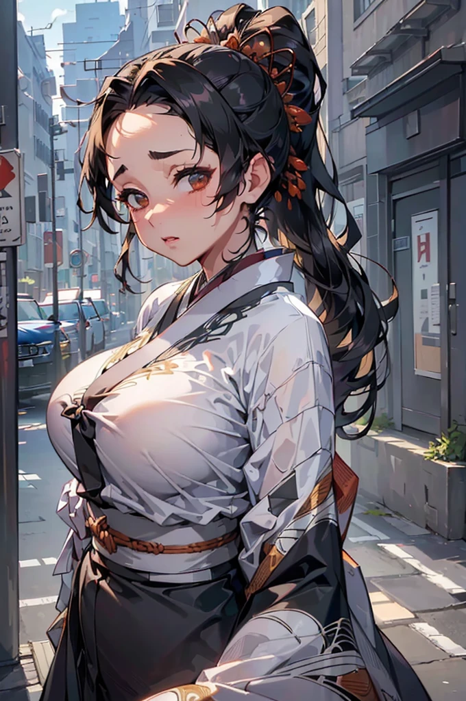 (((beautiful))), (((kimono, One Woman, Tied up))), ((Black Hair, Long Hair, ponytail, hair ornaments)), Large Breasts, Huge Saggy Tits, Glowing Skin, Sweat, (((Intricate details))), High resolution, ((Intricate details, Ultra-detailed)), from front, cowboy shot, (looking at viewer, look at viewer), Red cheeks, painful, depressed, Dark Room, night, 