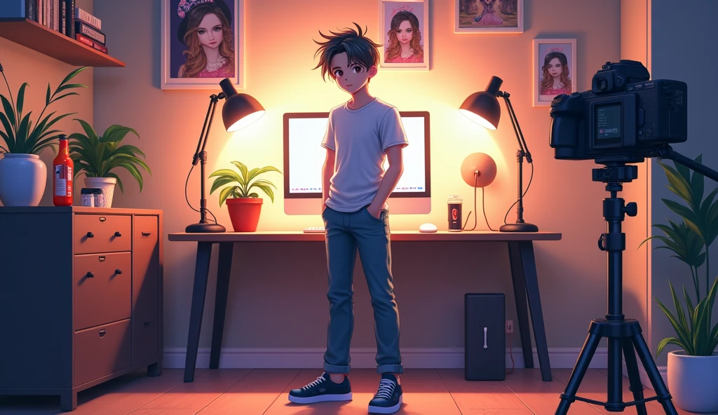 An anime boy, stand on his youtube setup, seeing in camera, without face
