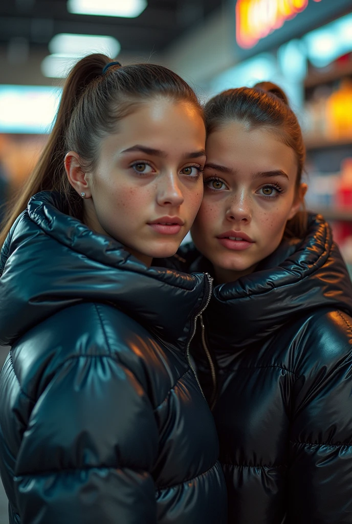 a slim ponytail 16 year old girl and her bestie,beautiful detailed eyes,beautiful freckles,beautiful detailed lips,extremely detailed eyes and face,longeyelashes, wearing beautiful detailed hooded formfitting duvetica overfilled shiny super gleamy super thick glossy fully-unzipped puffer jacket covering her zipped super padded skisuit,latex leggings,symmetrical,standing in a pufferstore,masterpiece,cinematic,lifelike,hyperrealistic,8k,photorealistic,highly detailed,intricate,exquisite,elegant,beautiful,stunning