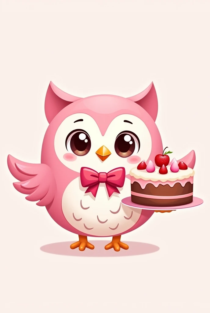 Create a cute style mascot, an owl with pink details, pink bow and holding a cake in hands. It needs to have simple details with precise lines, It's for a brand logo