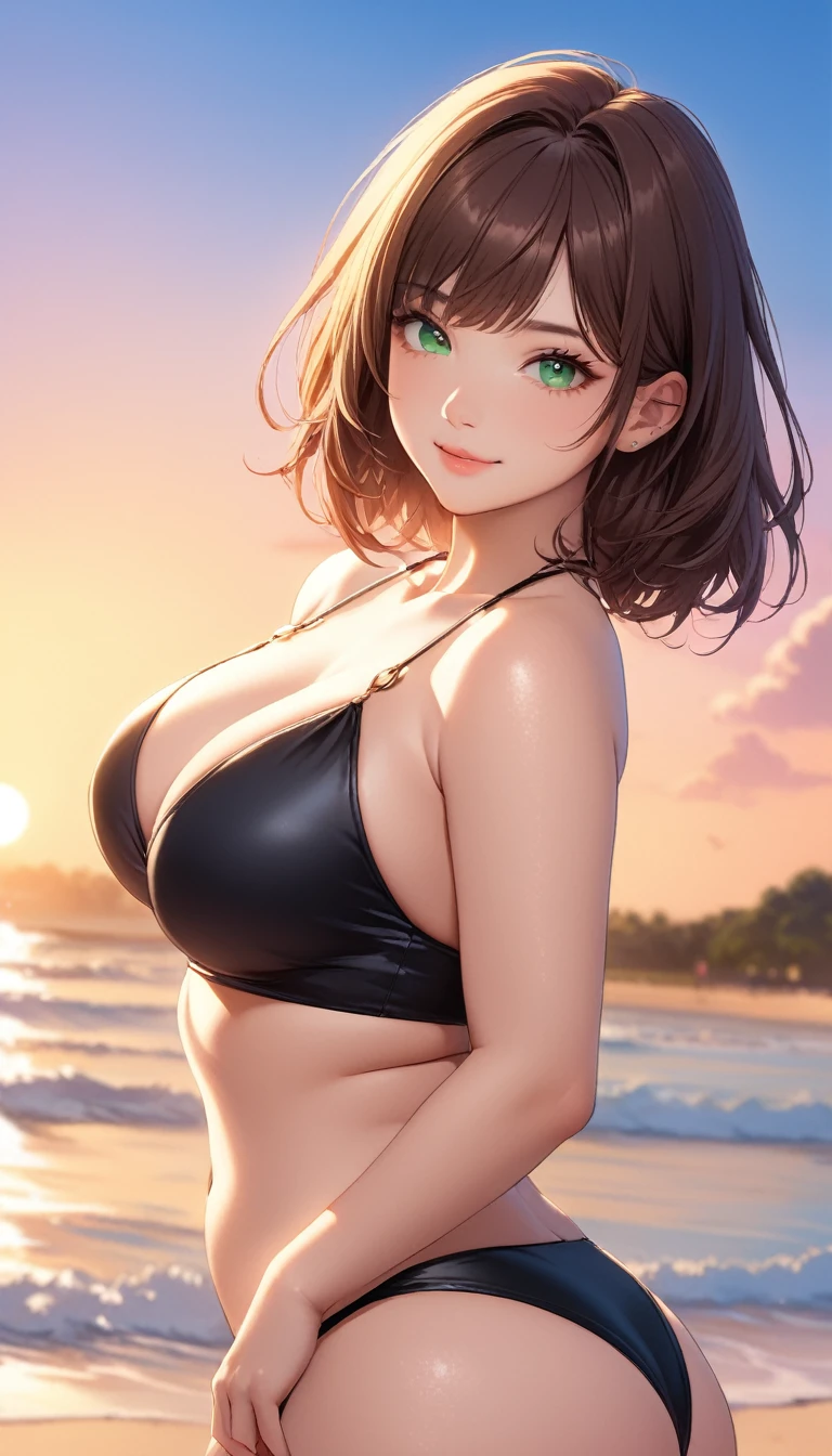 ultra high quality, 1girl, beautiful woman, 20 years old, short brown hair, green eyes, curvy figure, wearing bikini, beach background, sunset lighting, looking at viewer, slight smile, detailed skin texture, professional photography style