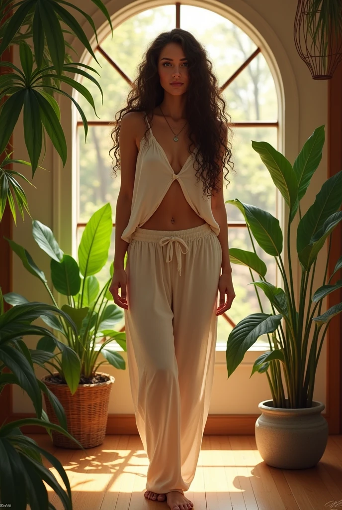 No pants, long curly hair, indoors, soft lighting, plants in backgrounds,standing relaxed pose, realistic, intricate details, warm colors, by Greg Rutkowski, by Alphonse Mucha