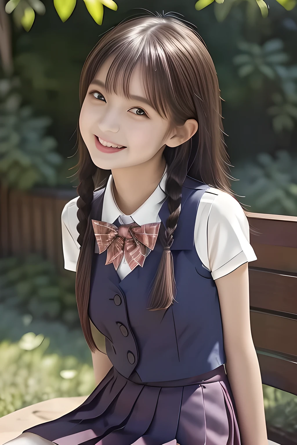 (highest quality, masterpiece, high resolution:1.2), 4K, (Photo quality detailed cute face: 1.4), (Giorgione painting style: 0.8), geometry, (14 yo cute girly Japanese girl, who is quarter-French-model is seated and looking me to kiss me: 1.4), (Full of bodies of succubus around: 1.4), Laughing cutely, (neat girly white short-sleeves school blouse: 1.0), (puffed short sleeves: 1.0), (Dark red glossy school ribbon on the breast: 1.0), (Gray Japanese school girly vest Uniform: 1.2), (Box-pleated gray short school skirt: 1.2), (Extremely laughing cheeks: 1.0), (Beautiful light-amber cute-dolly large clear eyes with detailed cutely: 1.6), (Long bottom eyelashes: 1.2), (Expressing the greatest joy with her whole body: 1.2), (Glossy lips: 1.0), (Super-straight super-long hair: 1.5), (white and clear skin: 1.0), (Promoting Shampoo: 1.2), (Strong yearning: 1.2)