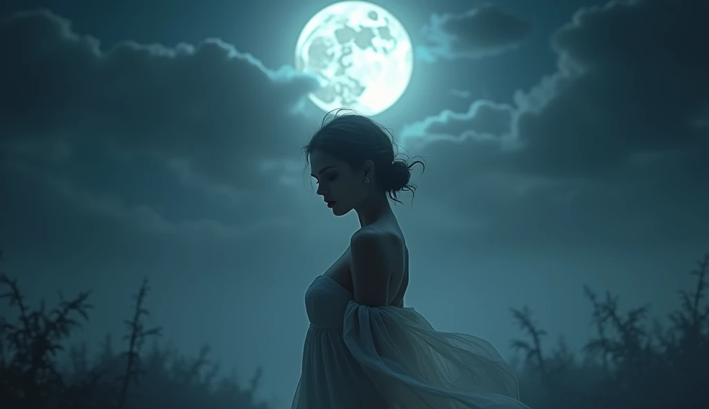 a beautiful woman under the moonlight, elegant long dress, glowing moon in the night sky, detailed facial features, dreamy expression, ethereal and mystical atmosphere, (best quality,4k,8k,highres,masterpiece:1.2),ultra-detailed,(realistic,photorealistic,photo-realistic:1.37),intricate details,dramatic lighting,cinematic composition,moody color tones,soft focus,chiaroscuro lighting,fantasy art,dramatic lighting,dramatic shadows,dreamlike,ethereal,moody,romantic