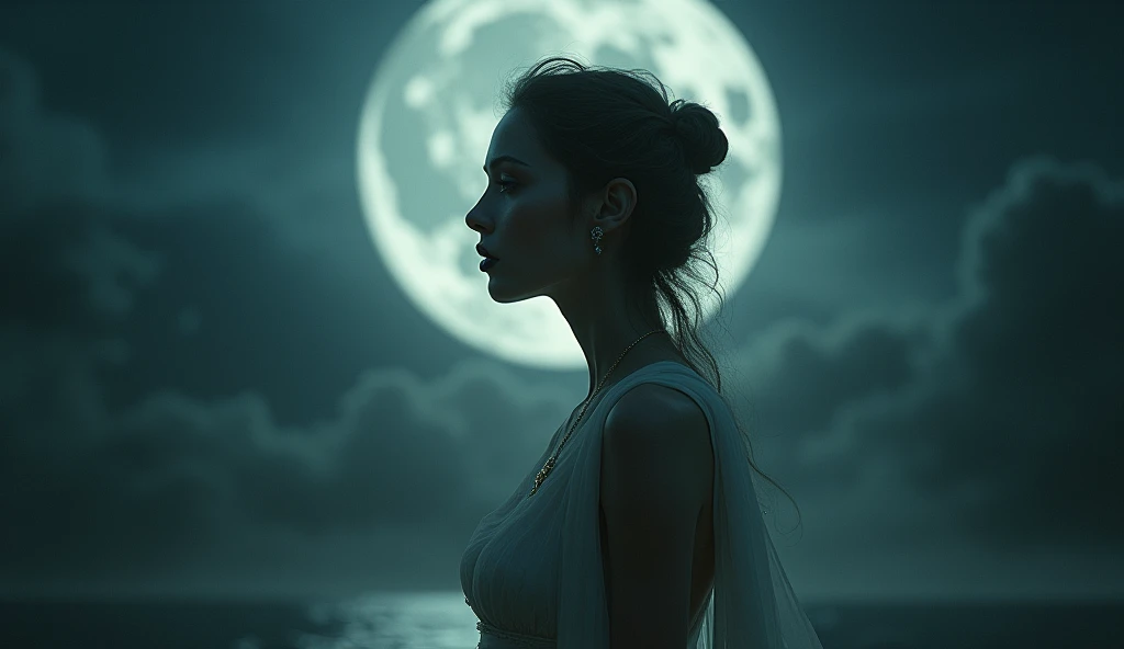 a beautiful woman under the moonlight, elegant long dress, glowing moon in the night sky, detailed facial features, dreamy expression, ethereal and mystical atmosphere, (best quality,4k,8k,highres,masterpiece:1.2),ultra-detailed,(realistic,photorealistic,photo-realistic:1.37),intricate details,dramatic lighting,cinematic composition,moody color tones,soft focus,chiaroscuro lighting,fantasy art,dramatic lighting,dramatic shadows,dreamlike,ethereal,moody,romantic