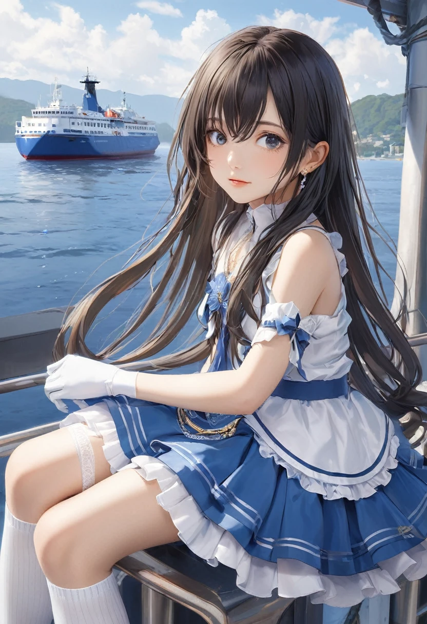 (masterpiece, Highest quality:1.2), One Girl, alone,Bony body、5 、ferry, ((Long Hair)), ferryBase, ((Knee socks)), Exposing shoulders, ((jewelry)), ((No sleeve)), White Dress, Blue Skirt, ((gloves)), Up to the thighs, 