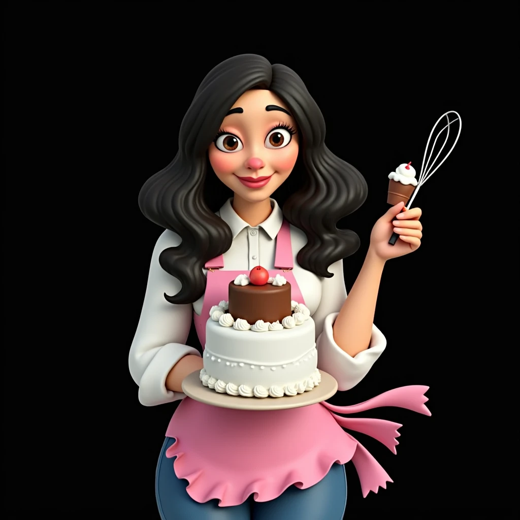 Cartoon character of a stylish woman in a pink apron, happy, black wavy hair, brown aligned eyes, big flat nose, in the left hand is holding a whip and in the right hand is holding a large cake, an animated character, stylized character, animation style rendering, 3d stylized, Arnold Maya rendering, Stylized 3D rendering, toon render screenshot, 3d character, 3d character, Stylized 3D rendering, 3D character rendering, cartoon character, Personagem de close up, character posing, (Pixar-style) (master part:1.2) (bokeh) (best qualityer) (skin detailed) (detailed texture) (8k) (Argilla) (cinematic lighting) (sharp focus,Sit down and lift your upper body