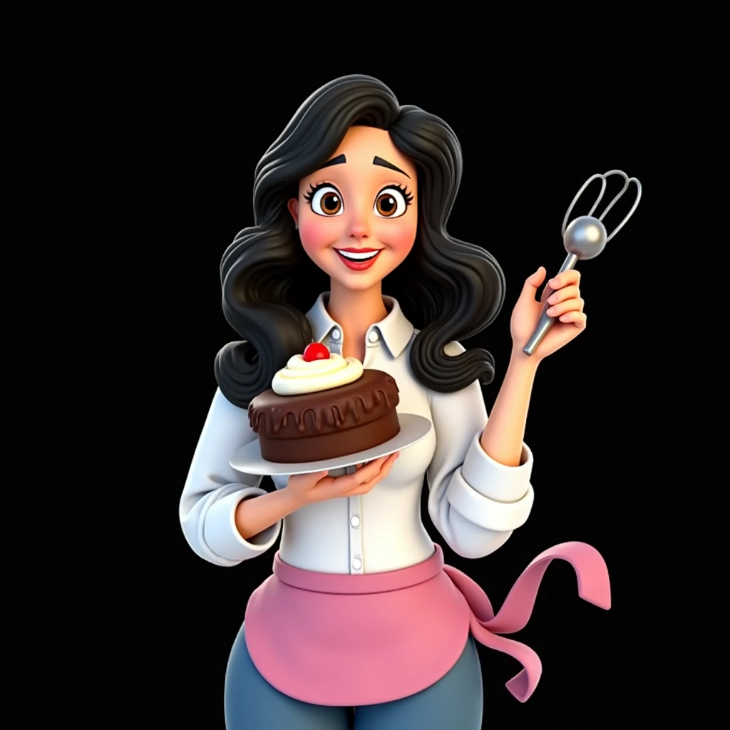 Cartoon character of a stylish woman in a pink apron, happy, black wavy hair, brown aligned eyes, big flat nose, in the left hand is holding a whip and in the right hand is holding a large cake, an animated character, stylized character, animation style rendering, 3d stylized, Arnold Maya rendering, Stylized 3D rendering, toon render screenshot, 3d character, 3d character, Stylized 3D rendering, 3D character rendering, cartoon character, Personagem de close up, character posing, (Pixar-style) (master part:1.2) (bokeh) (best qualityer) (skin detailed) (detailed texture) (8k) (Argilla) (cinematic lighting) (sharp focus,Sit down and lift your upper body