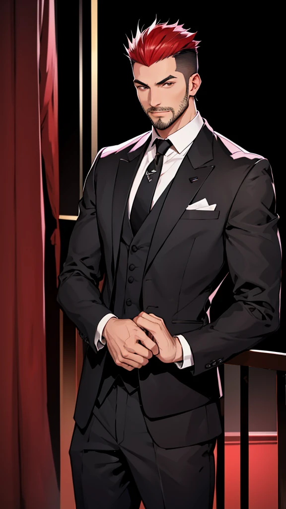 solo、a short haircut with spiky hair、Black suit、Black tie、A young man with red hair, (((Stubble))),