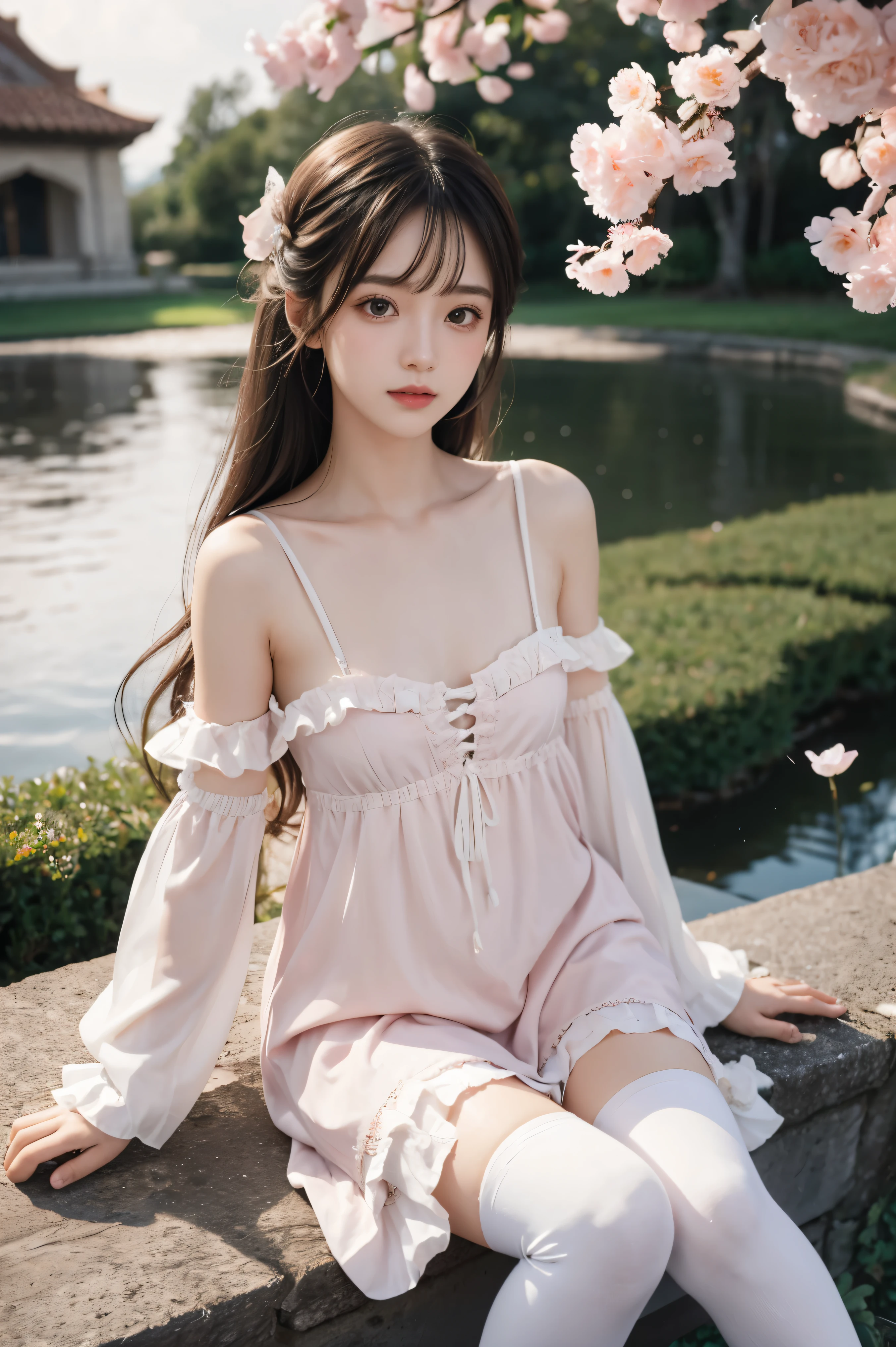 (sit),(bow),(Silver Hair),(Long hair),(Pale red eyes),threat in the eyes,(white four-petal flower ornament:1.1),(blush),Bangs,(A girl[(nightdress):(((No socks))):0.4]:1.2),(Bare shoulders),clavicle,(White stockings:1.2),Ruffled sleeves,Looking at the audience,[(night:1.2),peaceful,Sky,((Full Moon)),Star,house,town,(in the courtyard),Water Drop,pond,(near by the pond),Tree,flowers request,wind::0.6],(rainbow colored light refracts),(floating pink petals:1.2),Dreamy
