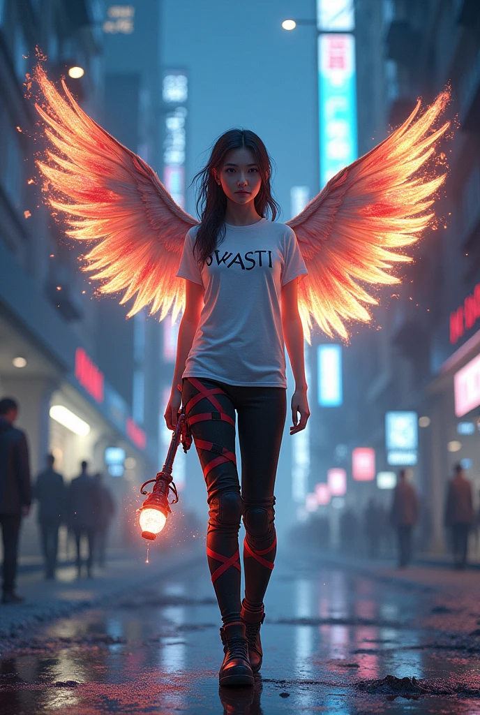 In a neon-lit urban landscape, a beautiful  girl wearing white tshirt written "Swasti, stands at the nexus of two worlds. Their wings—dual and enigmatic—tell a tale of fire and ice. One set blazes with hues of red and orange, reminiscent of infernos, while the other shimmers in cool blues and blacks, evoking celestial realms, The girl clutches a glowing blue orb, its luminescence casting ethereal reflections on the water below. In their other hand, they wield a weapon akin to a lightsaber—a fusion of technology and magic,black pants with crimson straps, and sturdy boots.