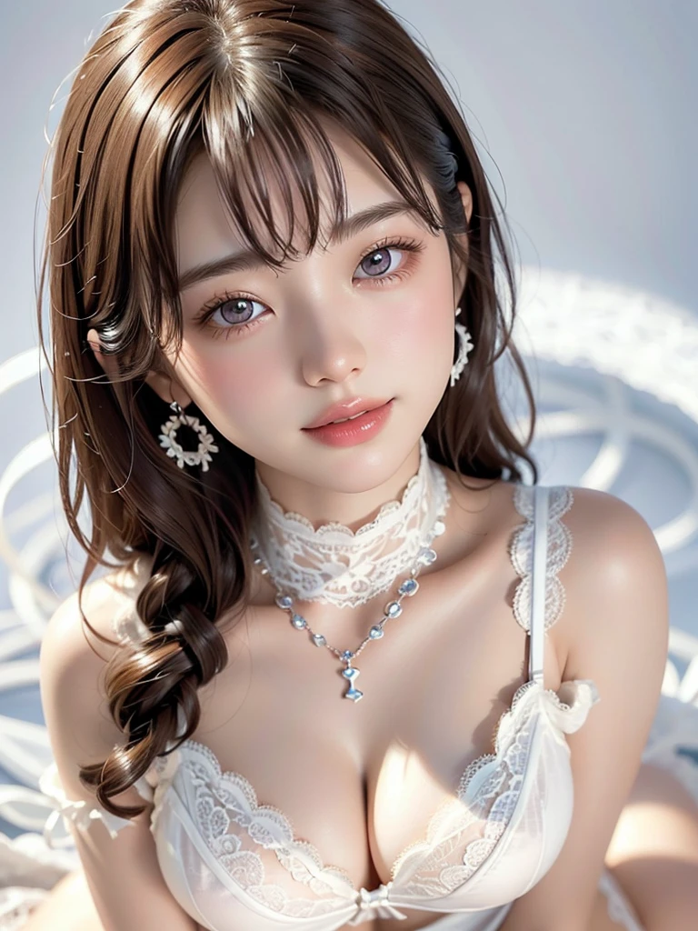 8k,Confused, High resolution, Very detailed, 1 girl, alone, Very beautiful eyes, Ultra-precise depiction, artistic、Very detailed depiction, (Tangled:1.2), , (White high key background:1.5), (((White lace lingerie 1.5))), 、 short hair、Loose wavy hair、Earrings and Necklaces、Brown Hair, (Glowing Skin), Many colors, , (Shooting from above:1.2),、Flat Body、slim、cute、、Round face、Cast a Shadow、、Smile 1.3