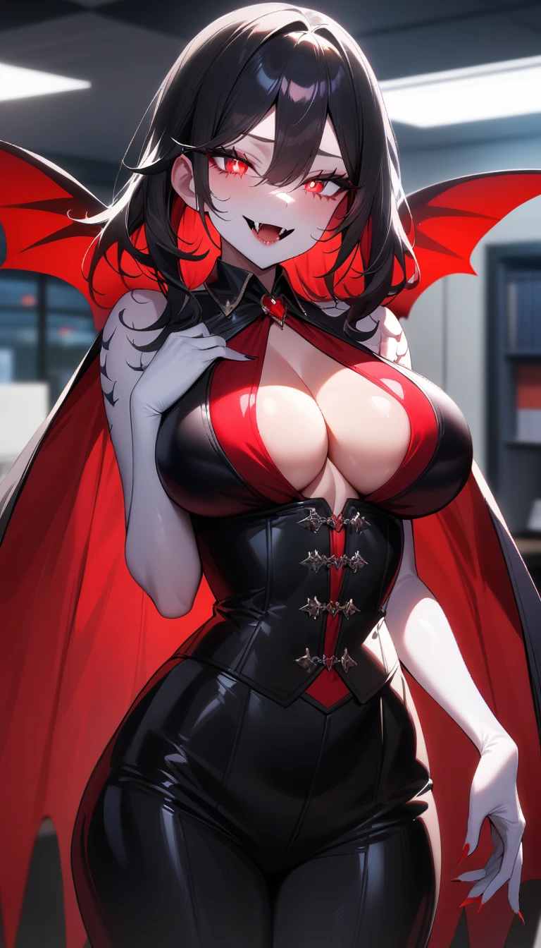 1girl,solo,super detailed skin,shiny skin,seductive smile,majestic vampire wings, bloody skin,multicolored skin,vampire,fangs,glowing eyes,eyelashes ,large breasts,beautifully shaped breasts,vampire clothes,vibrant colors ,standing,office,masterpiece,best quality,ultra detailed,high resolution,sharp focus,depth of field