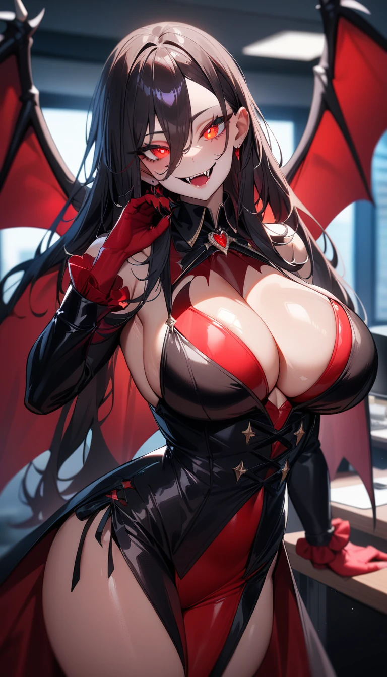 1girl,solo,super detailed skin,shiny skin,seductive smile,majestic vampire wings, bloody skin,multicolored skin,vampire,fangs,glowing eyes,eyelashes ,large breasts,beautifully shaped breasts,vampire clothes,vibrant colors ,standing,office,masterpiece,best quality,ultra detailed,high resolution,sharp focus,depth of field