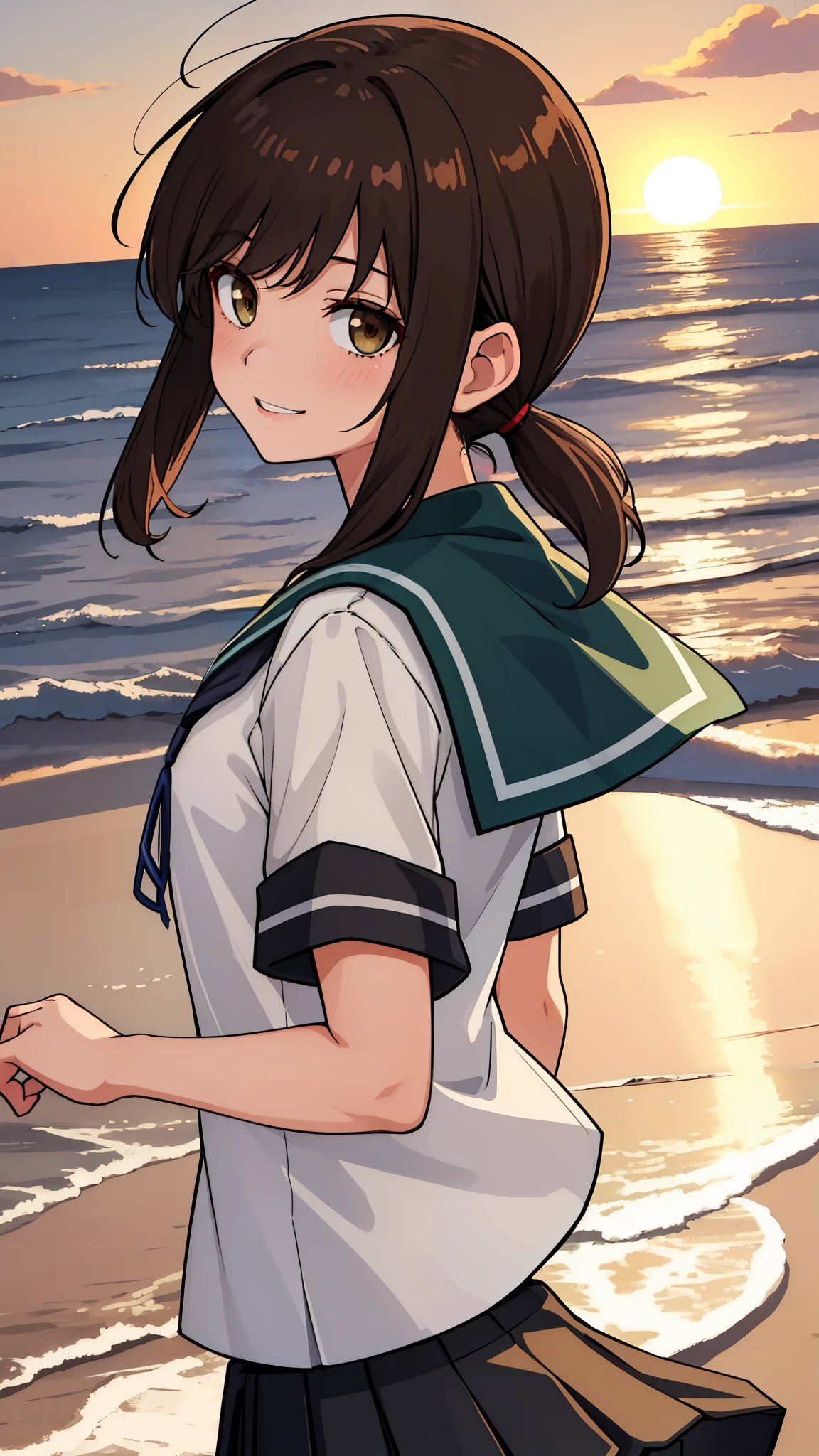 (masterpiece, best quality:1.2),illustration,8k,HD,Seaside,Sunset sky,1girl,solo,brown eye,upper body,(portrait:1.2),black_hair,short_ponytail,white seraph,sidelocks,low_ponytail,green_eyes,smile,black_eyes,school_uniform,pleated_skirt,skirt,