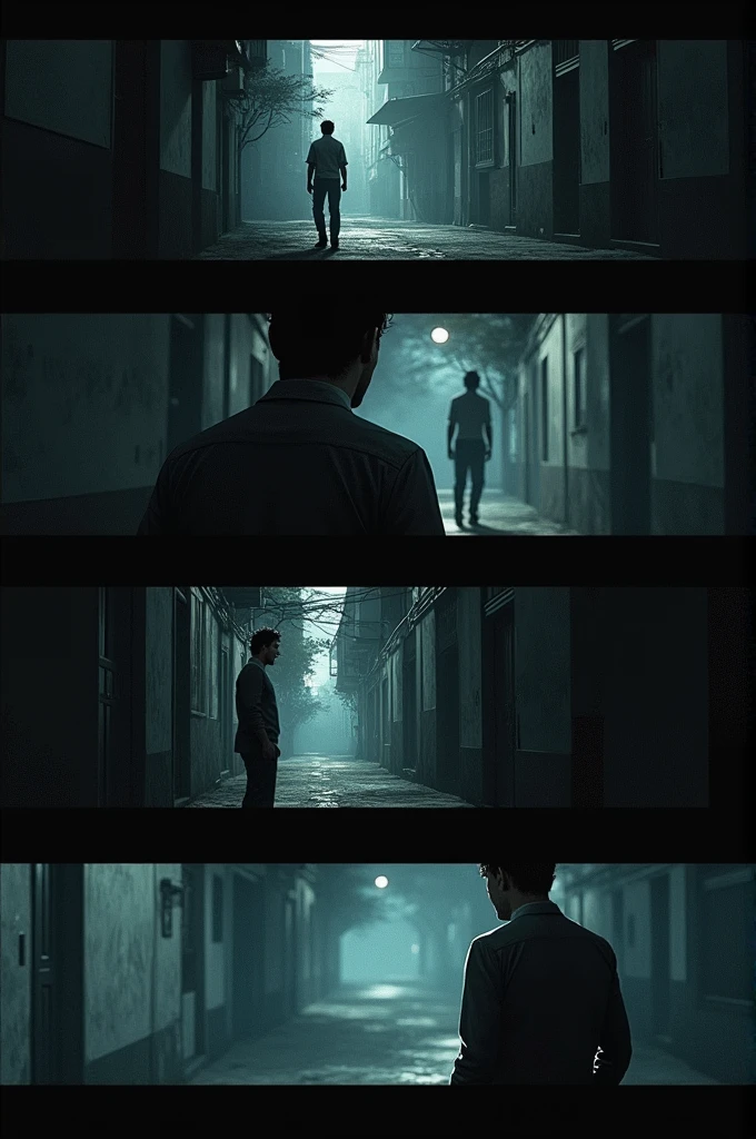 
storyboard

Cena 1:**
- **General plan**: Geraldo sitting in his room, The environment is dark., with ana luz fraca iluminando a foto de Carlinha sobre a mesa.
- **Detailed Plan**: Phone on the table starts ringing, vibrating silently.
- **medium shot**: Geraldo answers the phone, with an expression of shock and confusion, looking at the cell phone screen that shows an unknown number.

---

**Scene 2:**
- **plano americano**: Geraldo talks to Antonieta and Chico in a café. He gestures nervously as he tries to explain something.
- **General plan**: Antonieta and Chico exchange worried looks, showing skepticism. 
- **Next plan**: Geraldo notices the doubt in his friends&#39; eyes and becomes dejected., with head down.

---

**Scene 3:**
- **General plan**: Geraldo lying in bed, sweating and writhing in a nightmare.
- **Detailed Plan**: Flash of a dream where Carlinha appears, reaching out to Geraldo, but the environment is hazy and dark.
- **medium shot**: Geraldo wakes up suddenly, gasping, and looks around, confused and disturbed.

---

**Scene 4:**
- **medium shot**: Geraldo breaks into the hospital records at night, using a flashlight to illuminate the documents.
- **Detailed Plan**: He finds Carlinha's death report. His eyes widen as he reads shocking information.
- **Next plan**: Expression of fury and determination on Geraldo's face as he closes the report.

---

**Scene 5:**
- **General plan**: Geraldo follows Karol through the city at night, always in the shadows, unseen.
- **medium shot**: He approaches Karol on a deserted street, his face is a mixture of hatred and resolution.
- **Detailed Plan**: Geraldo holds a gun tightly, sweating and trembling slightly.

---

**Scene 6:**
- **Detailed Plan**: A piece of cloth caught on a fence as Geraldo flees after the crime.
- **General plan**: He runs through the dark night, leaving the crime scene behind.
- **medium shot**: Geraldo, in house, frantically washes his hands in the bathroom, with an