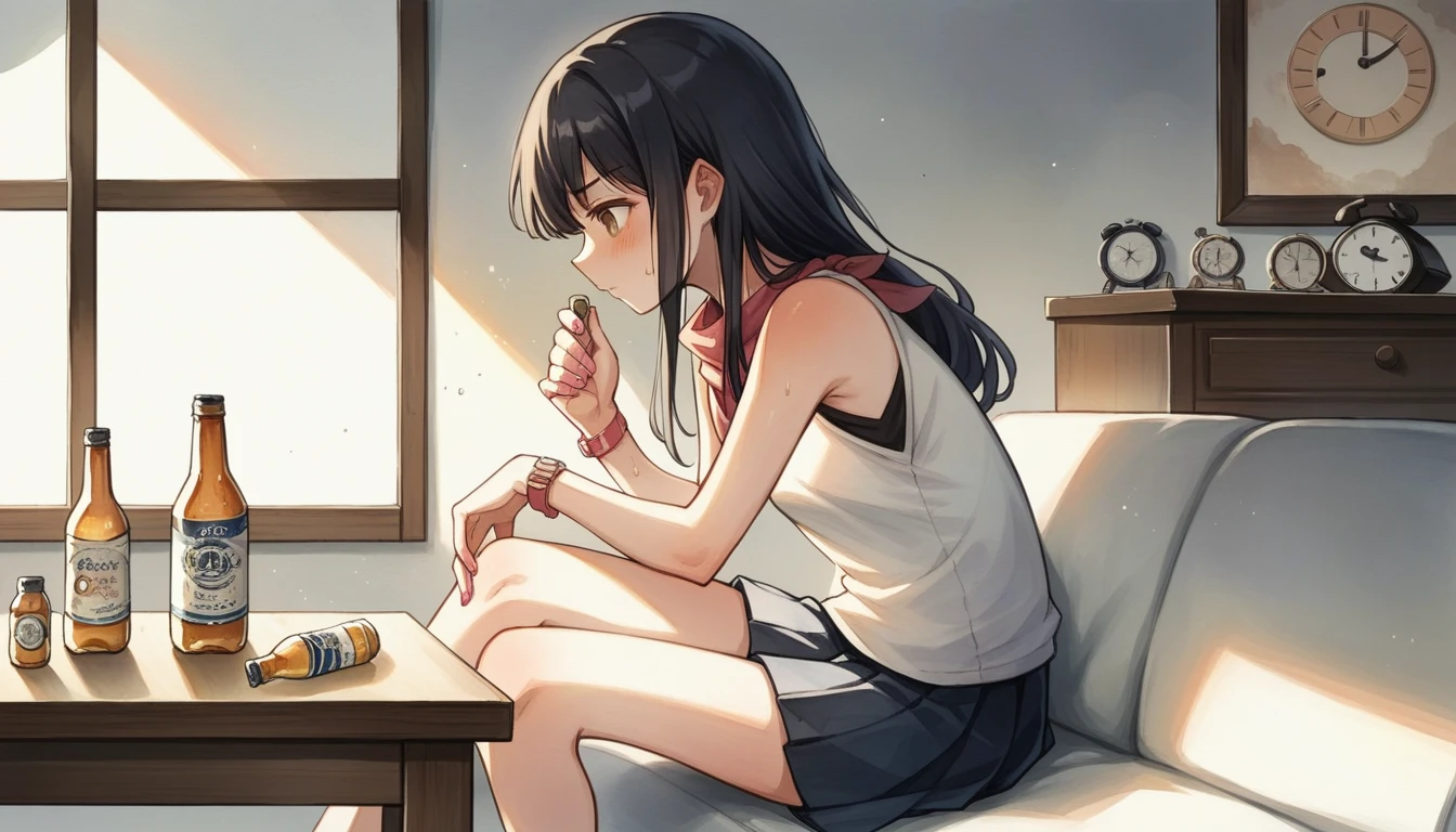 (watercolor:1.2), watercolor, One Girl, alone, Long Hair, skirt, , Bottle, Black Hair, clock, Seraphim, neckerchief, Holding, wristclock, Holding、 pleated, Sweat, 部屋にaloneいる, shirt, profile, The cans of beer are on the table、Painting \(Moderate\), Tank top,, blush, Shorts, From the side, Day, sitting on the sofa watching tv, Cowboy Shot, Day光, Brown eyes, bangs, chest, Pink Nails、relax