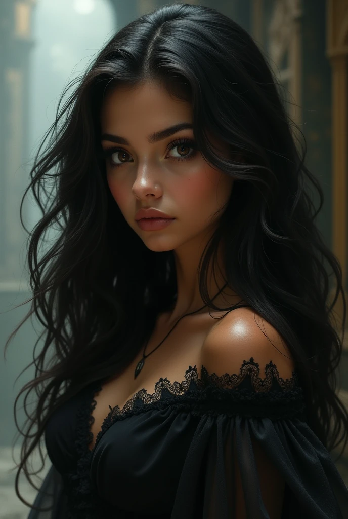 Draw me a girl with medium brown skin, high, exotic features, with long, dark wavy hair and a slim figure