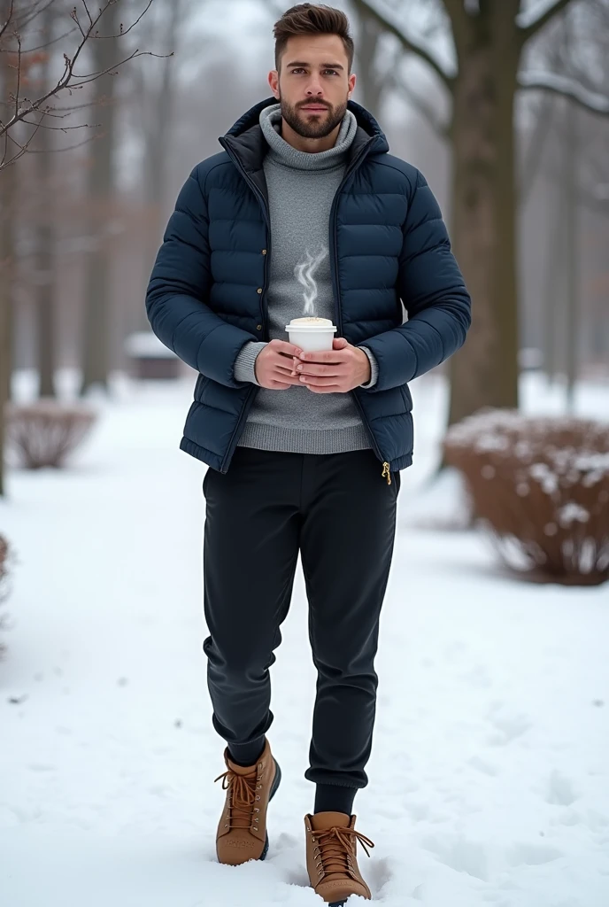 Sporty and Cozy Winter Style: "Create an image of a 25-year-old man wearing winter clothes with a sporty vibe. He wears a navy blue quilted nylon jacket, light grey wool sweater, black jogger pants. On the feet, a pair of brown waterproof hiking boots. He is in a snow-covered park, holding a cup of coffee to warm up."