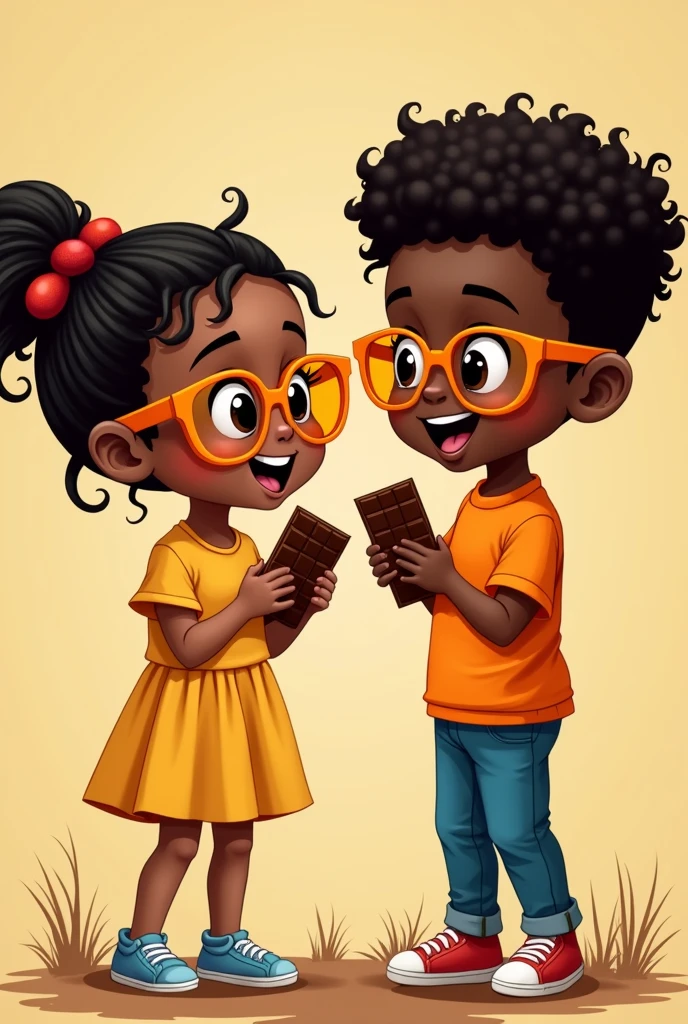 Cartoon of a black boy and a black girl with chocolate bars and orange glasses. 