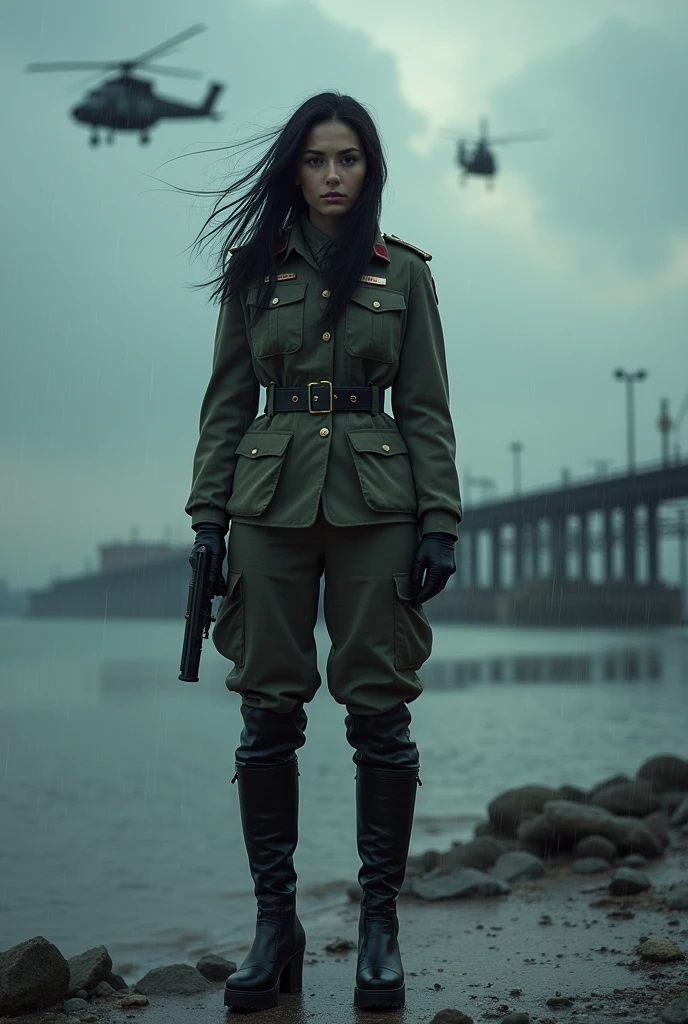 （Wide-angle lens）A 30-year-old woman with long black hair wearing military uniform.,Boots， trousers，high-heel boots，full-body shot，side，War Background，seaside，Iron bridge, Helicopters，Dark clouds sky，Science Fiction, dark的心情, full-body shot片，War atmosphere，Excellent detail，full-body shot片，Film Style，Soviet era，dark，Depressing atmosphere，In the wind and rain，Holding a pistol