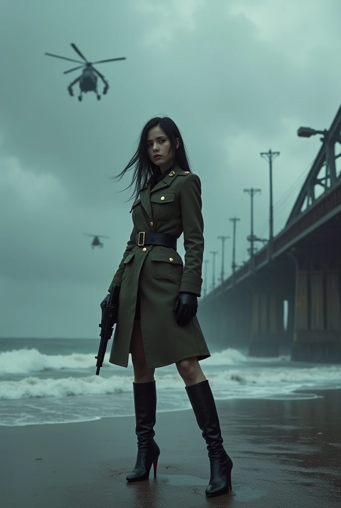 （Wide-angle lens）A 30-year-old woman with long black hair wearing military uniform.,Boots， trousers，high-heel boots，full-body shot，side，War Background，seaside，Iron bridge, Helicopters，Dark clouds sky，Science Fiction, dark的心情, full-body shot片，War atmosphere，Excellent detail，full-body shot片，Film Style，Soviet era，dark，Depressing atmosphere，In the wind and rain，Holding a pistol