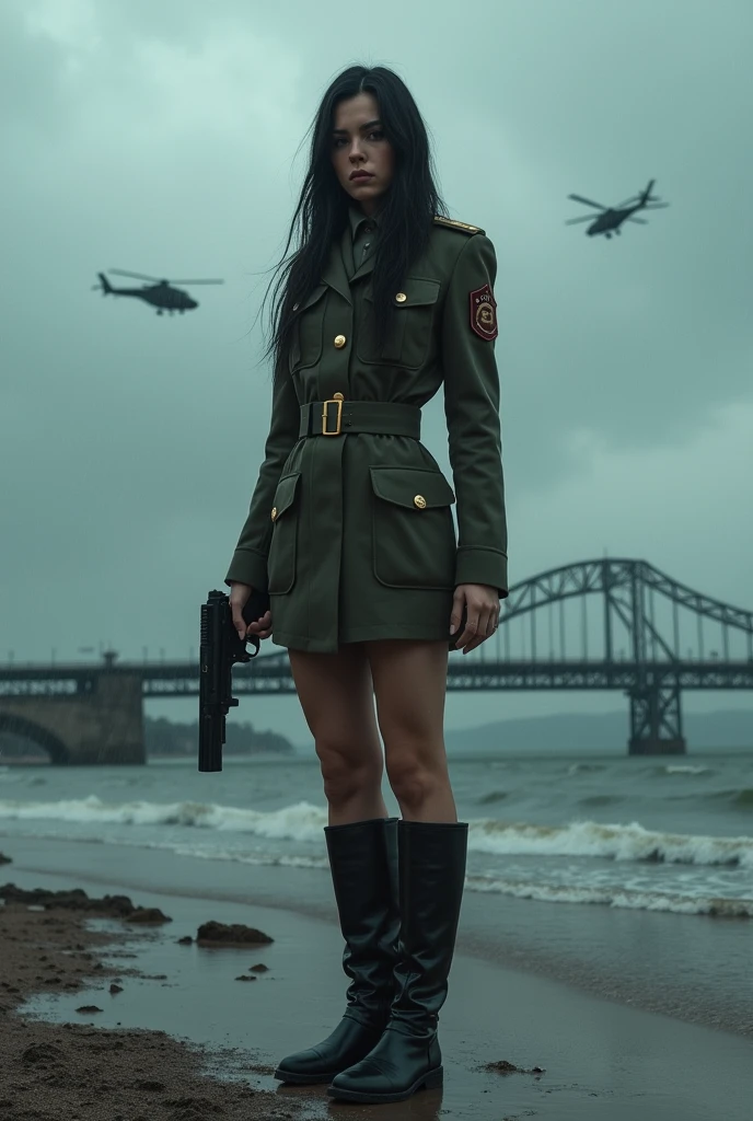 （Wide-angle lens）A 30-year-old woman with long black hair wearing military uniform.,Boots， trousers，high-heel boots，full-body shot，side，War Background，seaside，Iron bridge, Helicopters，Dark clouds sky，Science Fiction, dark的心情, full-body shot片，War atmosphere，Excellent detail，full-body shot片，Film Style，Soviet era，dark，Depressing atmosphere，In the wind and rain，Holding a pistol