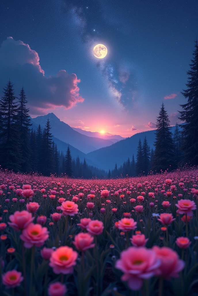 Vast landscape photography,(View from below,There's a sky above,Below is an open field),A stood in the flower field and looked up.,(full moon:1.2),(meteor:0.9),(Star Cloud:1.3),Fir Mountain, Tree BREAK Making Art,(Warm light source:1.2),(Glow worms:1.2),The lamp lights up,Lots of purple and orange,Intricate details,(highest quality),4K,Super detailed,(Dynamic configuration:1.4),Rich in details,Variety of colors,(Iridescent colors:1.2),(The light shines,Atmospheric lighting),dream Magic,Magic,(solo:1.