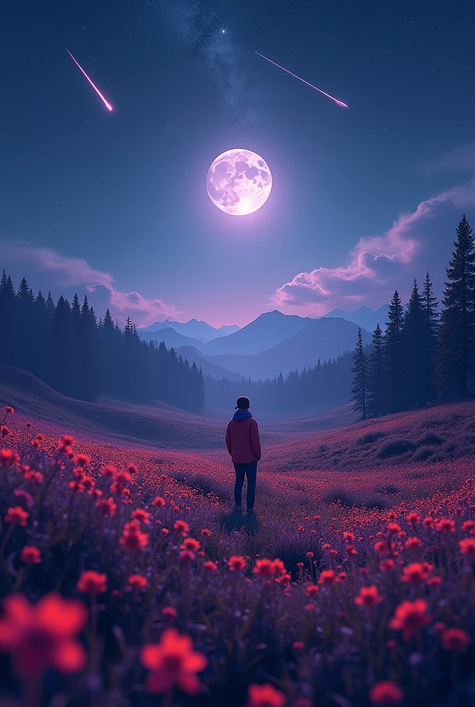 Vast landscape photography,(View from below,There's a sky above,Below is an open field),A stood in the flower field and looked up.,(full moon:1.2),(meteor:0.9),(Star Cloud:1.3),Fir Mountain, Tree BREAK Making Art,(Warm light source:1.2),(Glow worms:1.2),The lamp lights up,Lots of purple and orange,Intricate details,(highest quality),4K,Super detailed,(Dynamic configuration:1.4),Rich in details,Variety of colors,(Iridescent colors:1.2),(The light shines,Atmospheric lighting),dream Magic,Magic,(solo:1.