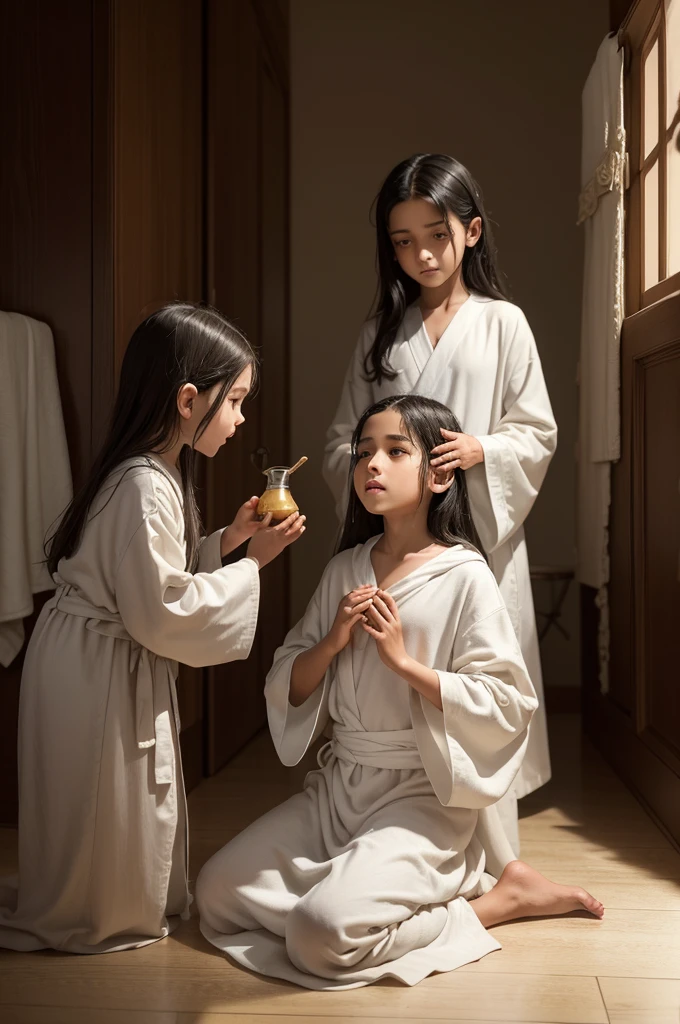 ((best quality)), ((masterpiece)), (detailed), perfect face
"A solemn moment as the prophet Samuel, dressed in simple robes, pours oil on the head of young Davi. Davi, with a humble expression, kneels on the ground in a modest room. His older brothers stand in the background, looking surprised. The atmosphere is filled with a sense of divine selection."