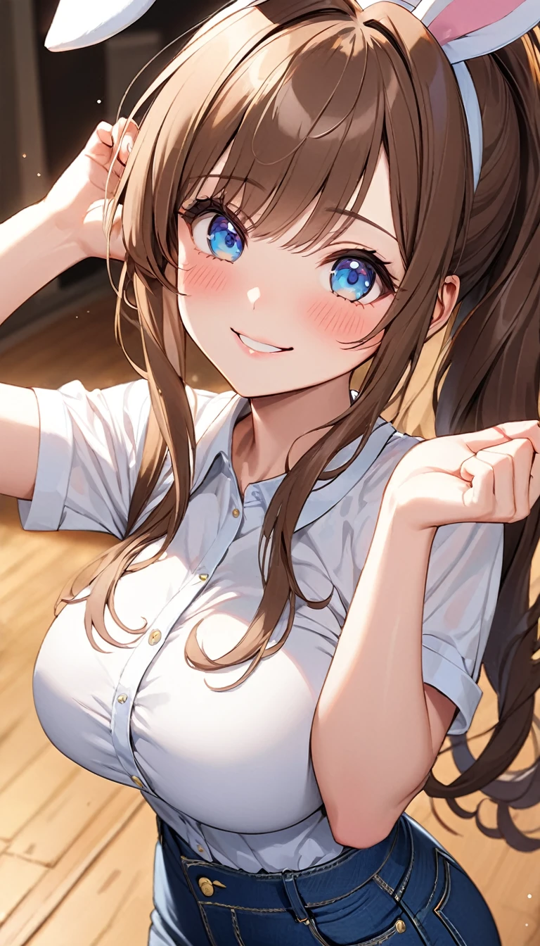masterpiece, Highest quality, Very detailed, ,The finer details, Anime Style, One Girl, 22 years old, Cute Face、bangs, Large Breasts、Big Ass、Tight waist, front、Long brown hair ponytail、Beautiful Eyes、Light blue eyes, Shiny Hair, Look at the photographer、 とってもCute Face, smile、Bunny pose with both hands above your head,、Wink、、My fingers5Book、 White shirt,、denim 、Shallow depth of field、Looking up、Embarrassed face