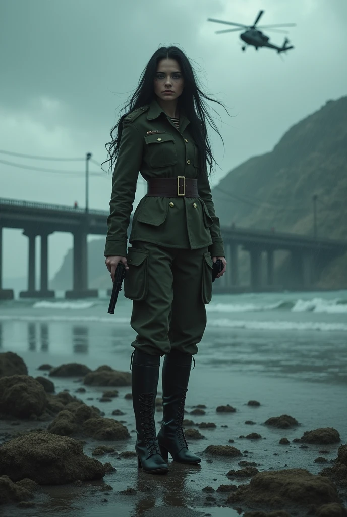 （Wide-angle lens）A 30-year-old woman with long black hair wearing military uniform.,Boots， trousers，high-heel boots，full-body shot，side，War Background，seaside，Iron bridge, Helicopters，Dark clouds sky，Science Fiction, dark的心情, full-body shot片，War atmosphere，Excellent detail，full-body shot片，Film Style，Soviet era，dark，Depressing atmosphere，In the wind and rain，Holding a pistol