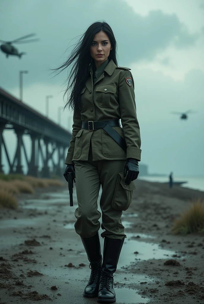 （Wide-angle lens）A 30-year-old woman with long black hair wearing military uniform.,Boots， trousers，high-heel boots，full-body shot，side，War Background，seaside，Iron bridge, Helicopters，Dark clouds sky，Science Fiction, dark的心情, full-body shot片，War atmosphere，Excellent detail，full-body shot片，Film Style，Soviet era，dark，Depressing atmosphere，In the wind and rain，Holding a pistol