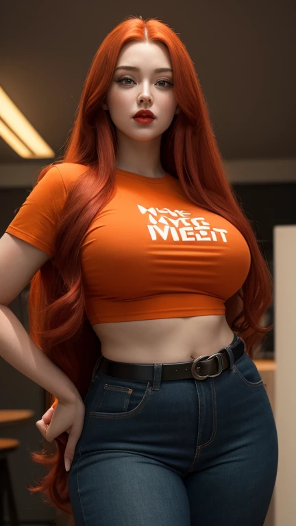 Big breasts, perfect face, woman with long red hair and very long red hair, wearing orange t-shirt, curvy body,red lips,Standing in the middle of the room , green eyes, super long red hair with very super long red hair, wearing black jeans with red belt, ultra detailed, cinematic lighting