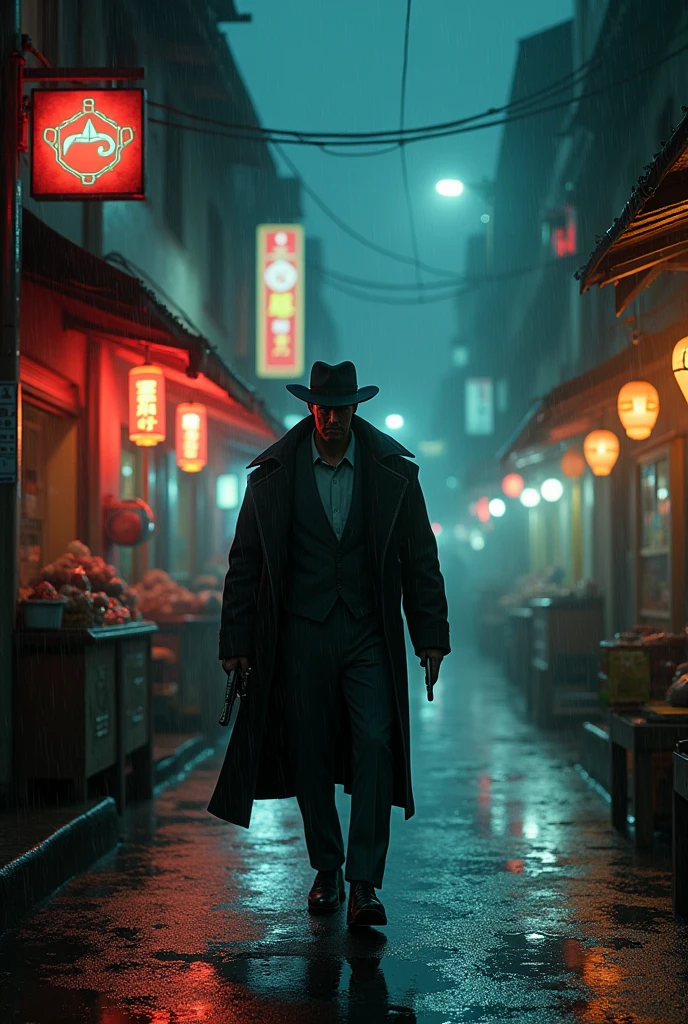 A notorious gangster walking in the night streets of a gangster area having all normal people walking around,having a vintage pistol in hand and a cigarette in this mouth with some fire sizzling ,it has to be raining ,there should be street lights ,there should be danger symbols , there should be some shops with lights ,and lightings all over the night market ,he should walk in the street ,and the photo should be from his back with shade