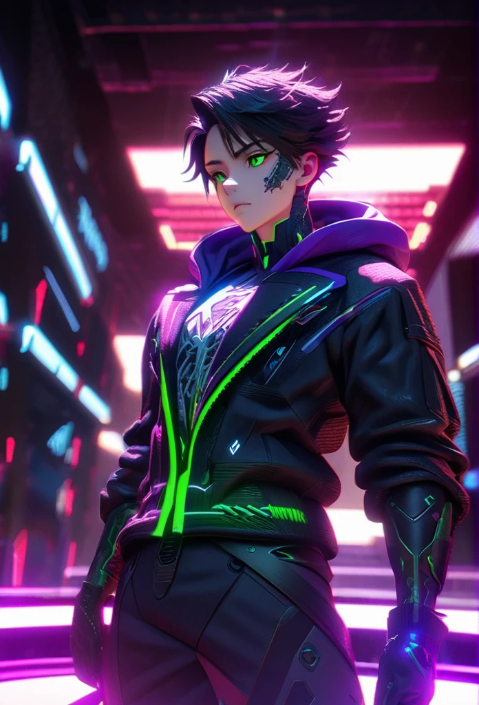 anime style, 1 man with short black hair and green eyes, wearing a black and purple hooded futuristic cyberpunk outfit, playing cards, intricate details, octane render, 8k, HDR, cinematic lighting, chiaroscuro, dramatic colors