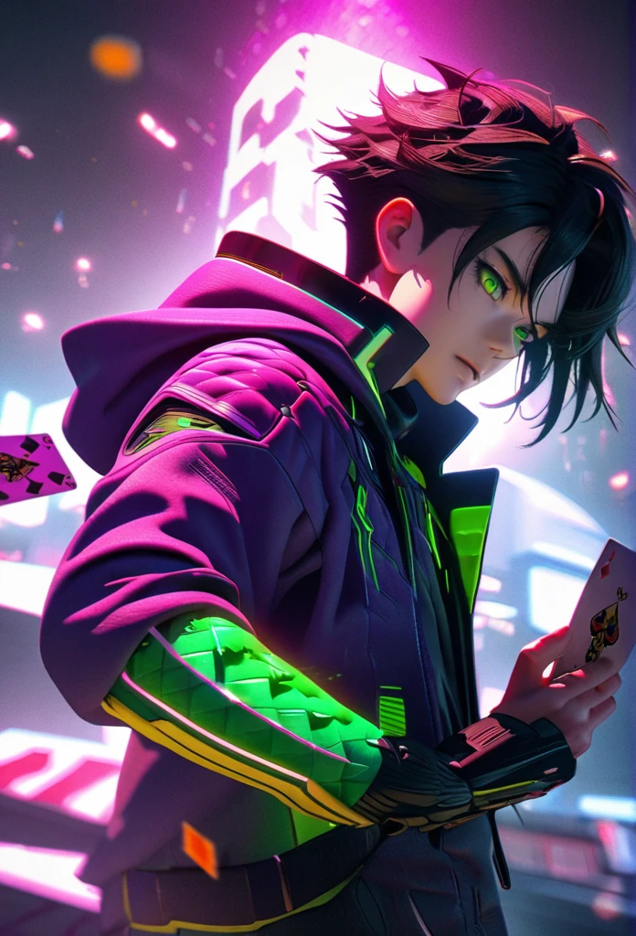 anime style, 1 man with short black hair and green eyes, wearing a black and purple hooded futuristic cyberpunk outfit, playing cards, intricate details, octane render, 8k, HDR, cinematic lighting, chiaroscuro, dramatic colors