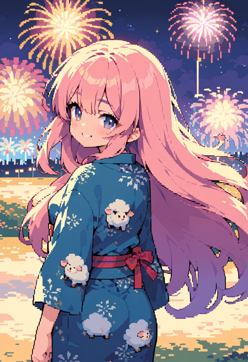 masterpiece, Highest quality, 8k, Pixel art, Pixel art, Vivid, Sheep, woman, 若いwoman, cute, Turning his back, Hiding his face, Smiling, Beautiful Shadows, Fluffy hair, Long Hair, Hair like sheep's hair, Pink Hair, eyebrow, 太いeyebrow, Sheep pattern yukata, (night), Fireworks display, Fireworks are going off, Large-flowered fireworks, From the top of the hill