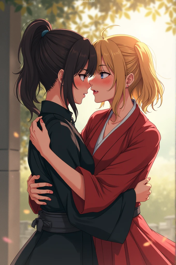 Bakugo and Shinobu give each other a hug.