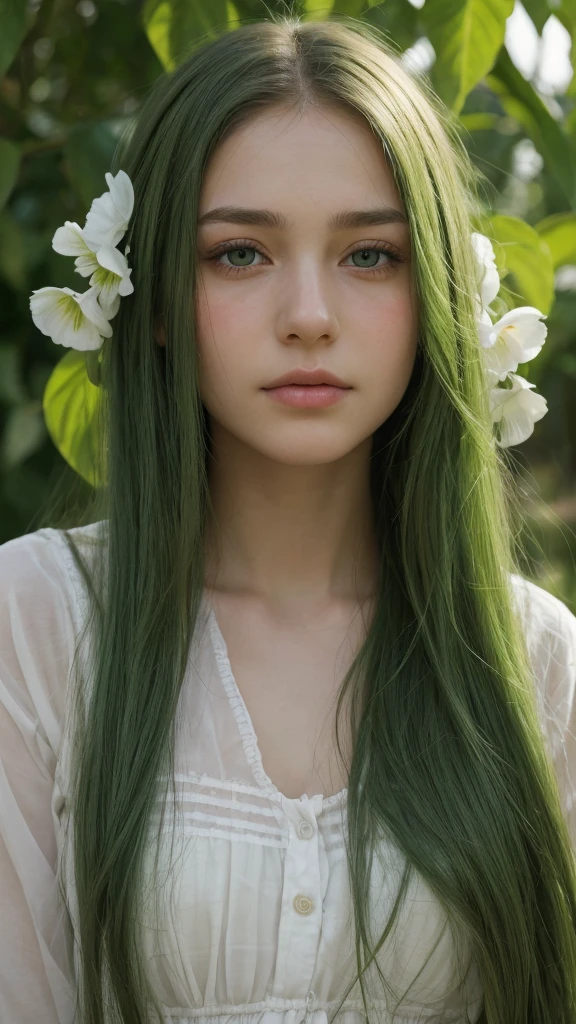 facial portrait. a girl. european. extremely detailed face. oval face. delicate features. deep sadness. half-closed eyes. green eyes. long, straight, very thick hair. green hair. flower in head. gentle expression. frontal. outdoors