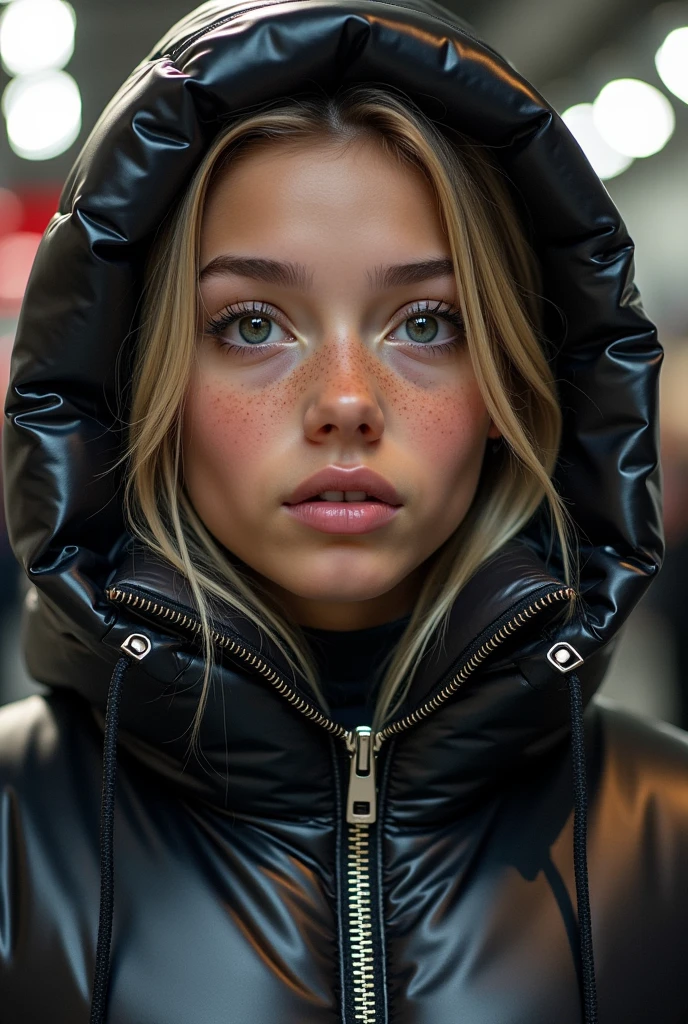  a slim ponytail 16 year old girl and her bestie,beautiful detailed eyes,beautiful freckles,beautiful detailed lips,extremely detailed eyes and face,longeyelashes, wearing beautiful detailed hooded  formfitting duvetica overfilled shiny super gleamy super thick glossy puffer jacket covering her  super padded skisuit,latex  leggings,symmetrical,standing in a pufferstore,masterpiece,cinematic,lifelike,hyperrealistic,8k,photorealistic,highly detailed,intricate,exquisite,elegant,beautiful,stunning