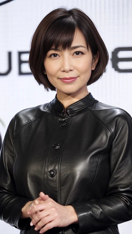 最high quality, 8k, Vibrant, Sharp focus, high quality, High resolution, 40 years old, (Whole Body Ezbian), (High heels face detail, Highly detailed eyes, ((big 1.6))、(((Large Breasts)))、((Black leather clothing))、Bob cut short hair、Roppongi、