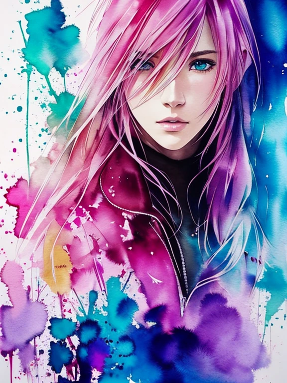 (((Agnes Cecile:1.3, watercolor))), precise lineart:1.1, glowing design, ink drops, Final Fantasy XIII Character Lightning (Claire Farron), centered, key visual, intricate, highly detailed, breathtaking beauty, vibrant, Beautiful Muses, comprehensive cinematic, ((Carne Griffiths, Conrad Roset)), autumn lights, (the most beautiful portrait in the world:1.4), (masterpiece, best quality),