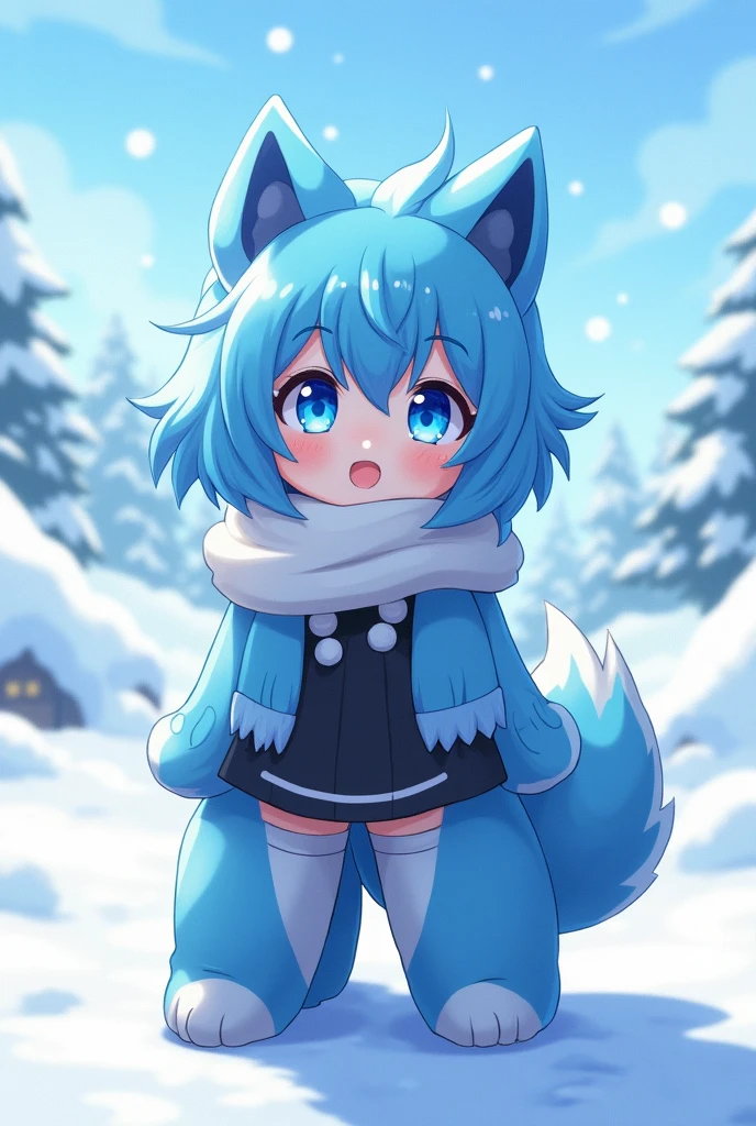 anime,Change, human girl,Whole body, by the wide, blue fur, blue eyes, black and white clothes, small stature,
snowy place background
