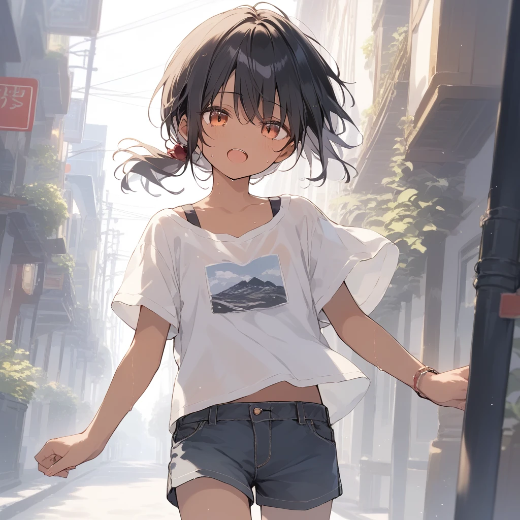 score_9, score_8_up, score_7_up, source_anime, best quality, masterpiece, official art, absurdres, highres, ultra-detailed,waifu2x,Collection: Slice of Life,break,1girl, tomboy, dark-skinned female, short hair, low ponytail, flat chest, groin, beautiful detailed eyes, shorts, sweat, open mouth, (yawn:0.3), sleepily, outdoors, wind,break,(clear line illustration:1.2), super detailed skin,very high resolution, very aesthetic, Best sexual lighting powered by famous artist, 8k, 16k, cute picture,beauty illustration,photoshop_(medium),,(Detailed Lighting),best anime 8k konachan wallpaper, pixiv contest winner,