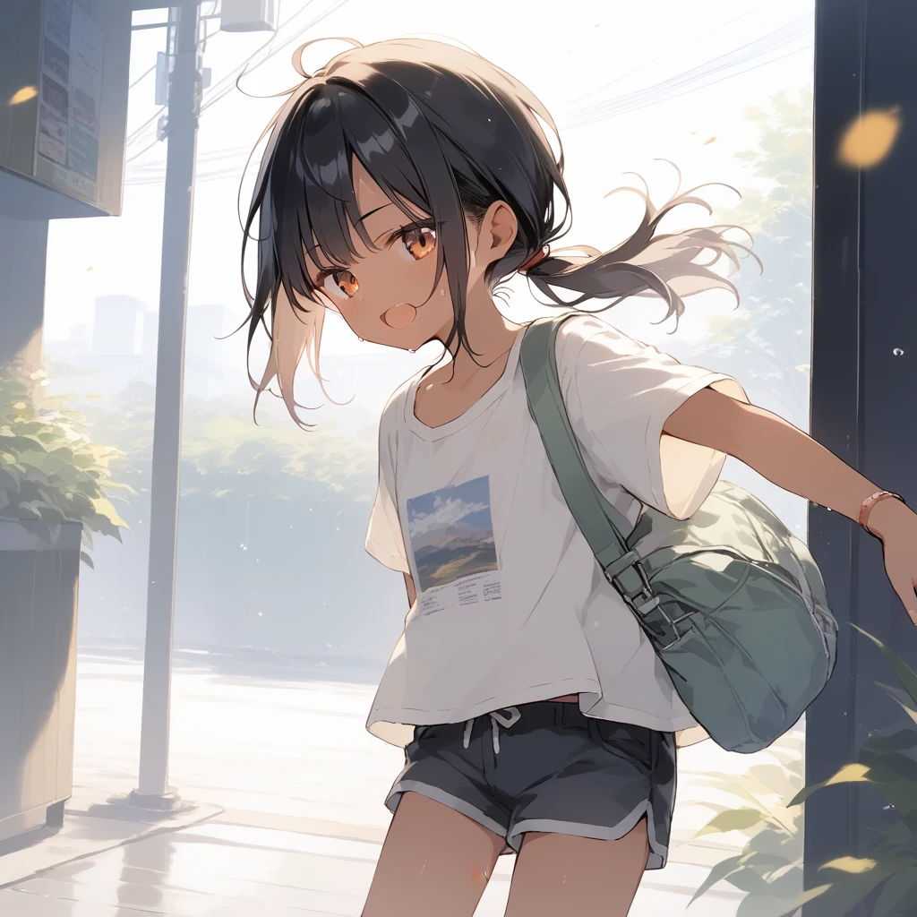 score_9, score_8_up, score_7_up, source_anime, best quality, masterpiece, official art, absurdres, highres, ultra-detailed,waifu2x,Collection: Slice of Life,break,1girl, tomboy, dark-skinned female, short hair, low ponytail, flat chest, groin, beautiful detailed eyes, shorts, sweat, open mouth, (yawn:0.3), sleepily, outdoors, wind,break,(clear line illustration:1.2), super detailed skin,very high resolution, very aesthetic, Best sexual lighting powered by famous artist, 8k, 16k, cute picture,beauty illustration,photoshop_(medium),,(Detailed Lighting),best anime 8k konachan wallpaper, pixiv contest winner,