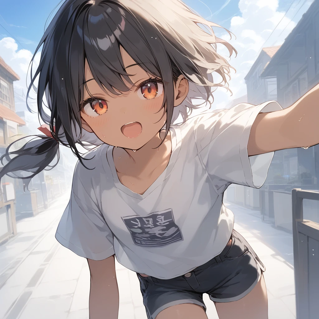 score_9, score_8_up, score_7_up, source_anime, best quality, masterpiece, official art, absurdres, highres, ultra-detailed,waifu2x,Collection: Slice of Life,break,1girl, tomboy, dark-skinned female, short hair, low ponytail, flat chest, groin, beautiful detailed eyes, shorts, sweat, open mouth, (yawn:0.3), sleepily, outdoors, wind,break,(clear line illustration:1.2), super detailed skin,very high resolution, very aesthetic, Best sexual lighting powered by famous artist, 8k, 16k, cute picture,beauty illustration,photoshop_(medium),,(Detailed Lighting),best anime 8k konachan wallpaper, pixiv contest winner,