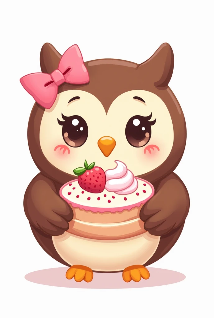 Create a mascot , an owl with pink details, pink bow and holding a cake in hands. It needs to have simple details with precise lines, It's for a brand logo. 