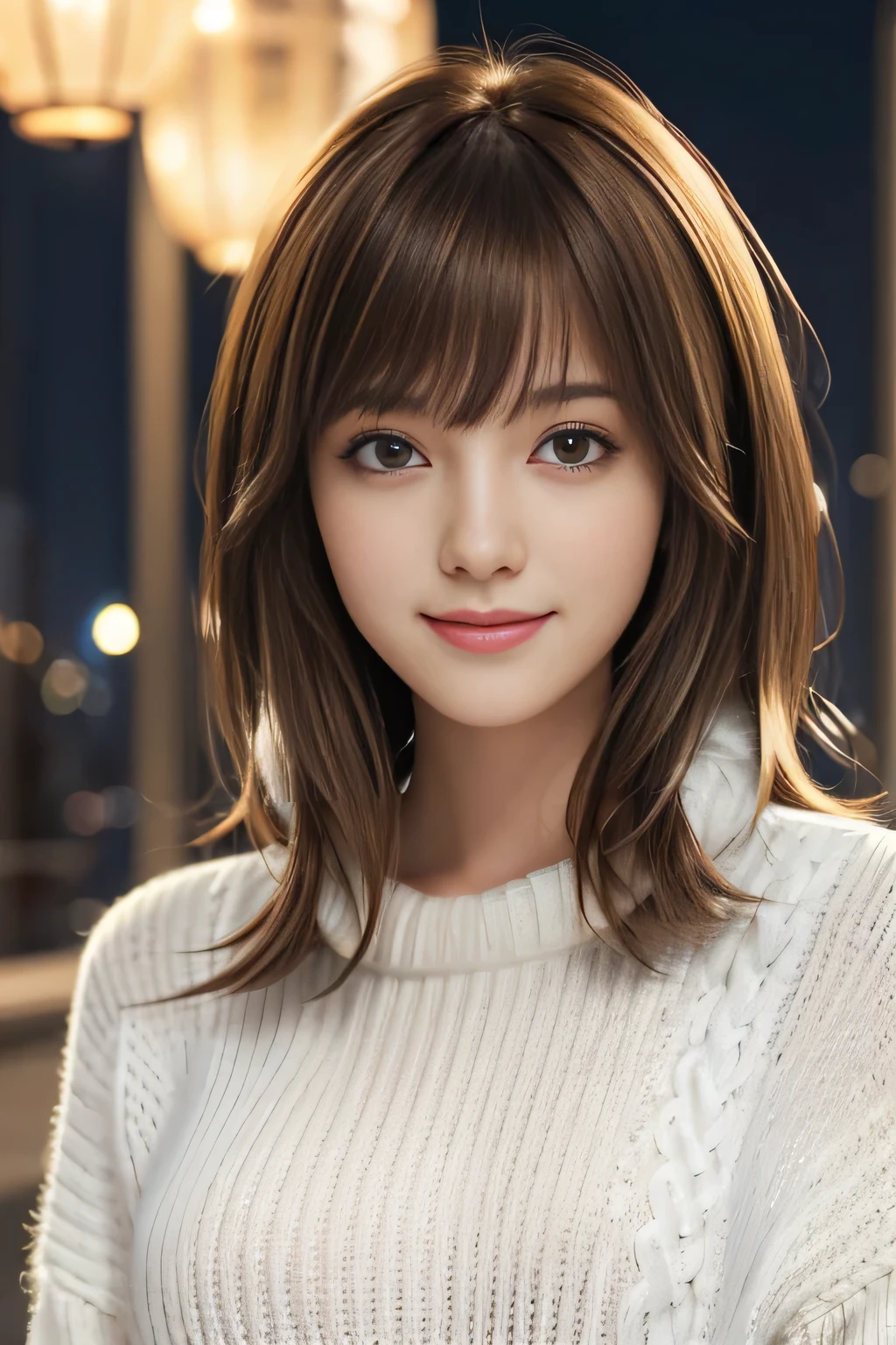 1girl in,(White sweater:1.4),(Fur trim,:1.2), (Raw photo, Best Quality), (Realistic, Photorealsitic:1.4), masutepiece, extremely delicate and beautiful, Extremely detailed, 8k wallpaper, amazing, finely detail, extremely detailed CG Unity, hight resolution, Soft light, Beautiful detailed 19 year old girl, extremely detailed eye and face, beautiful detailed nose, Beautiful detailed eyes,Cinematic lighting,city light at night,Perfect Anatomy,Slender body,Smiling (hair messy, asymmetrical bangs, light brown hair,)