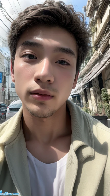 Highest quality, masterpiece, Ultra-high resolution, (Realistic: 1.4), Original photo, wallpaper, Head Photo, skin, Simple Background, Iris, detailed, Selfie, 1 boy, 25-year-old, good looking, Wind, Tokyo, Japanese